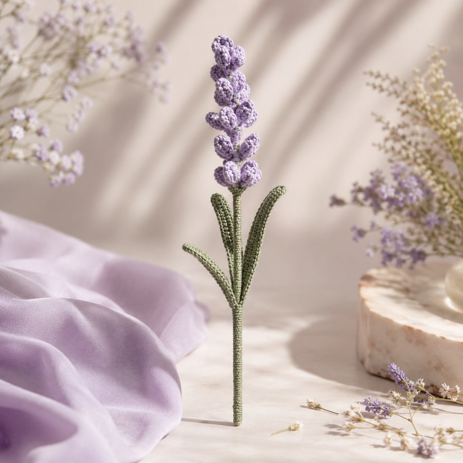 Lavender crochet flower stick styled with soft fabric