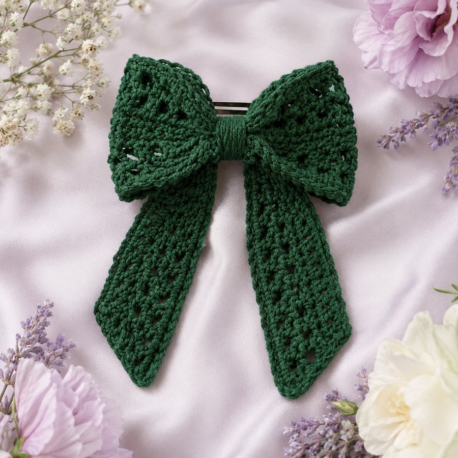 Forest green crochet bow on soft fabric