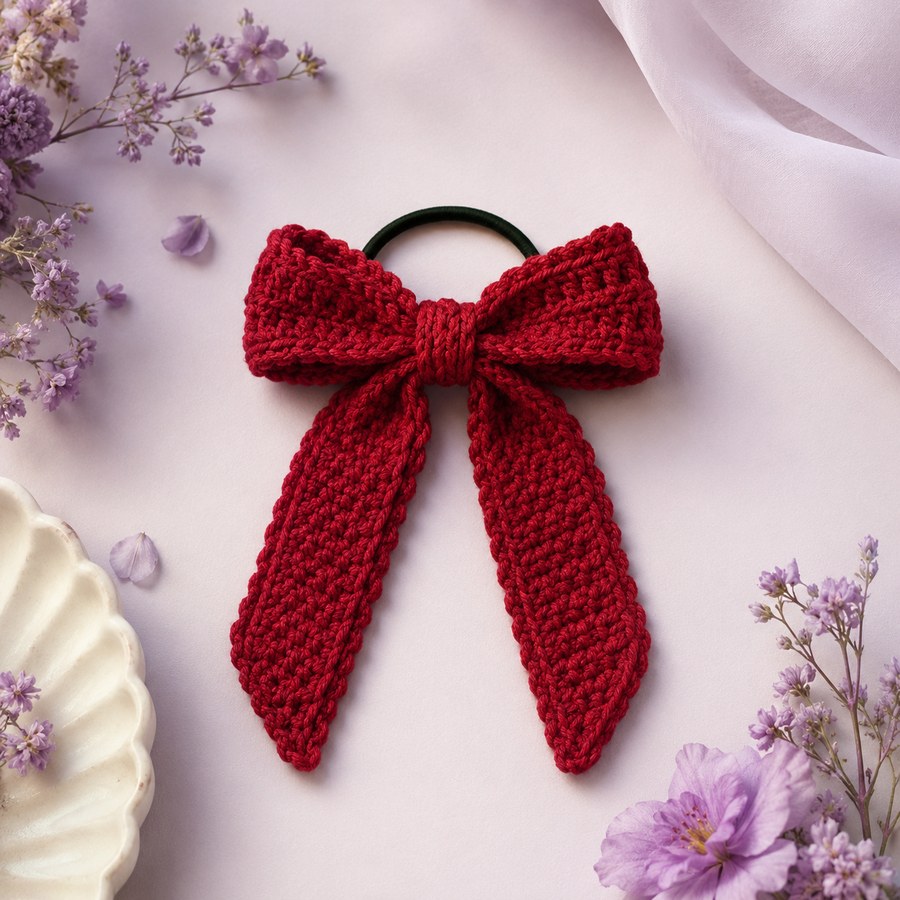 Scarlet crochet ribbon hair tie styled with lavender florals
